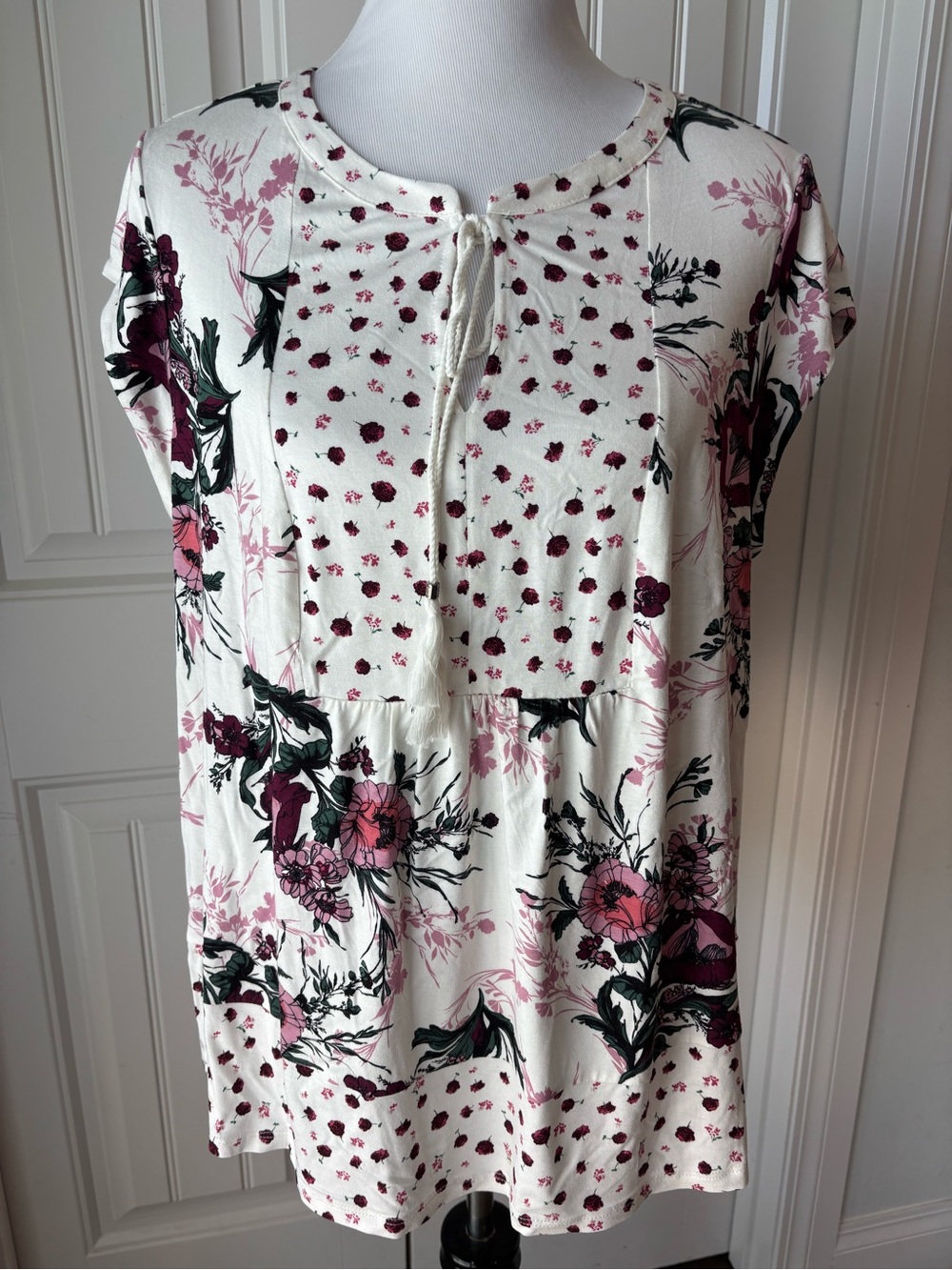 DR2 Ivory Tunic Top with Rose and Burgundy Floral Print